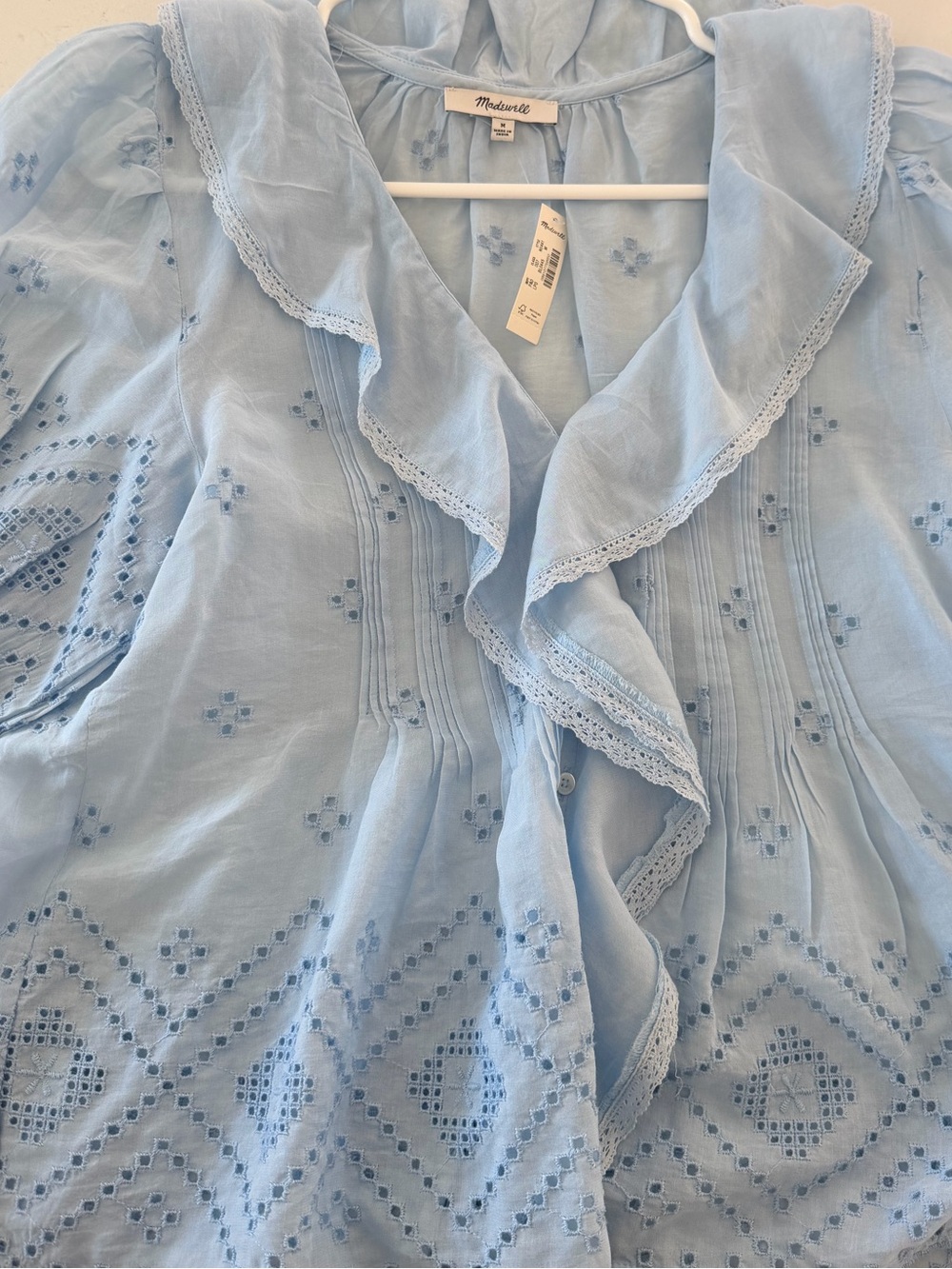 Madewell Blue Pintuck Ruffle Puff Sleeve Top M NWT - Picture 5 of 9